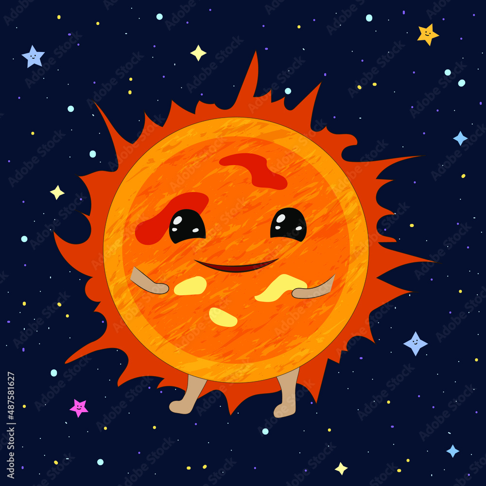 Cartoon Sun on space background, vector illustration
