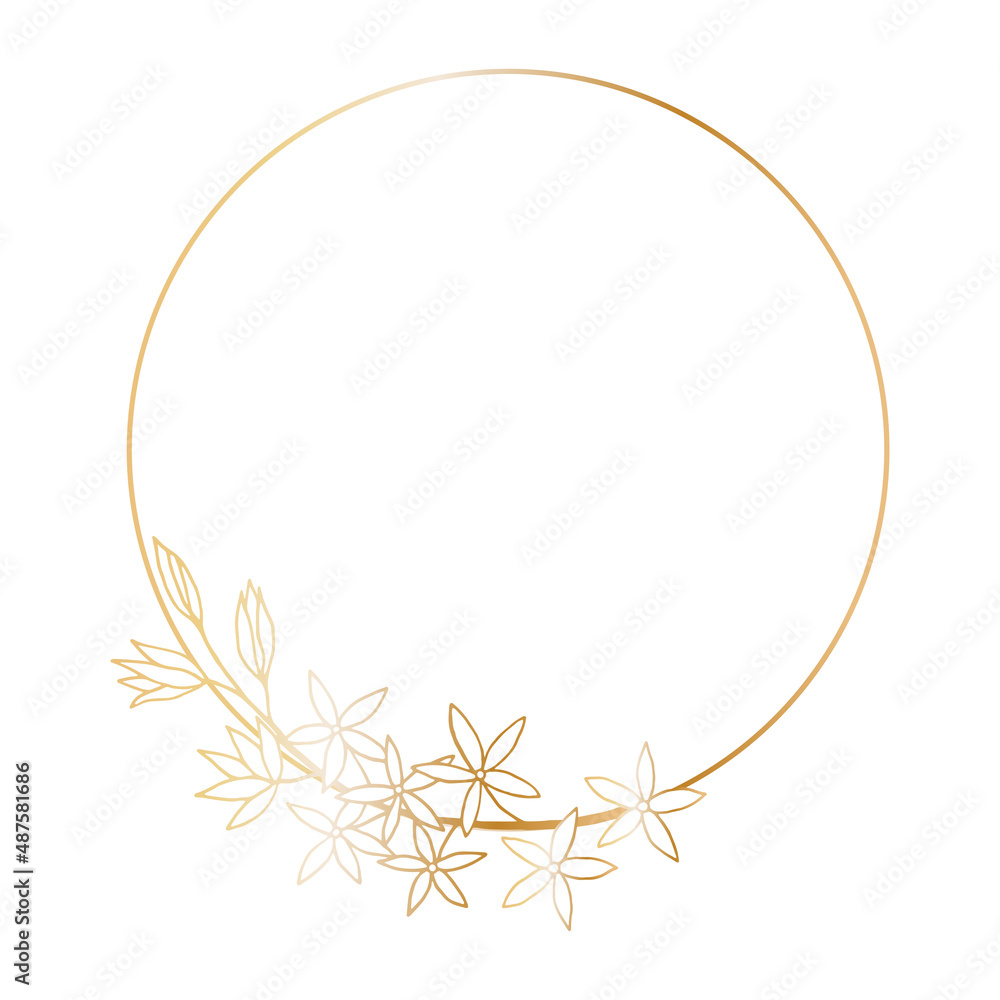 Decorative template with a round frame with a bouquet of a blossoming branch of spring flowers for holiday design cards, congratulations, flyers, letterheads. Freehand drawing, golden gradient. Decorative template with a round frame with a bouquet of a blossoming branch of spring flowers for holiday design cards, congratulations, flyers, letterheads. Freehand drawing, golden gradient.
