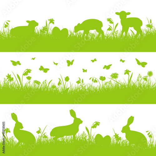 3 Grüne Osterbanner Schafe und Hasen Wiese