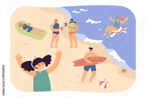 Happy people on sandy summer beach flat vector illustration. Men and women sunbathing, drinking cocktails, floating on tube in sea. Vacation concept for banner, website design or landing web page