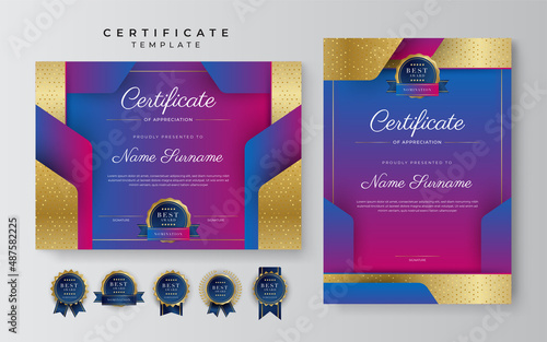 Modern blue pink technology certificate of achievement border template with luxury badge and modern line pattern. For award, business, and education needs