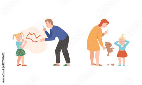 Annoyed Mother and Father Scolding Kid for Disobedience and Bad Behavior Vector Illustration Set