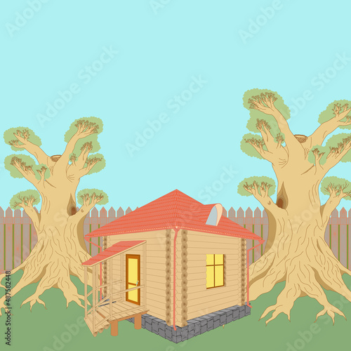 A vector illustration of a wooden house on the green lawn with two trees and a fence behind it.