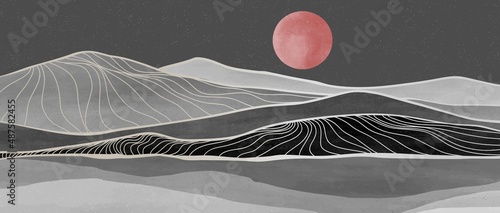 Mid century modern mountain line art print. Abstract contemporary aesthetic backgrounds landscapes. illustration black and white of mountain, moon and river