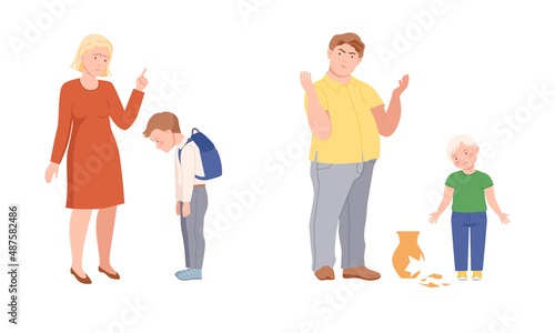 Annoyed Mother and Father Scolding Kid for Disobedience and Bad Behavior Vector Illustration Set