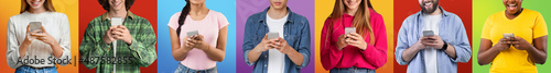 Glad and serious young asian, caucasian and black men and ladies in casual, surfing in internet on phones photo