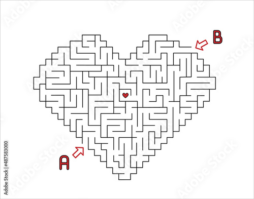 Maze with heart shape with two entries and two ways to goal. Valentines day maze, made in vector.