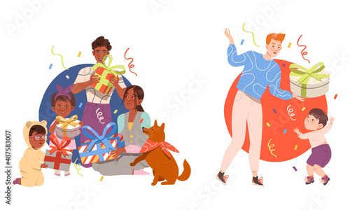 People Exchanging Gift Boxes Celebrating Special Occasion Like Birthday or Holiday Vector Illustration Set