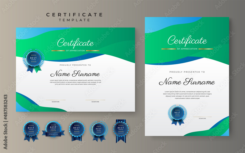Blue and green certificate of achievement border template with luxury ...