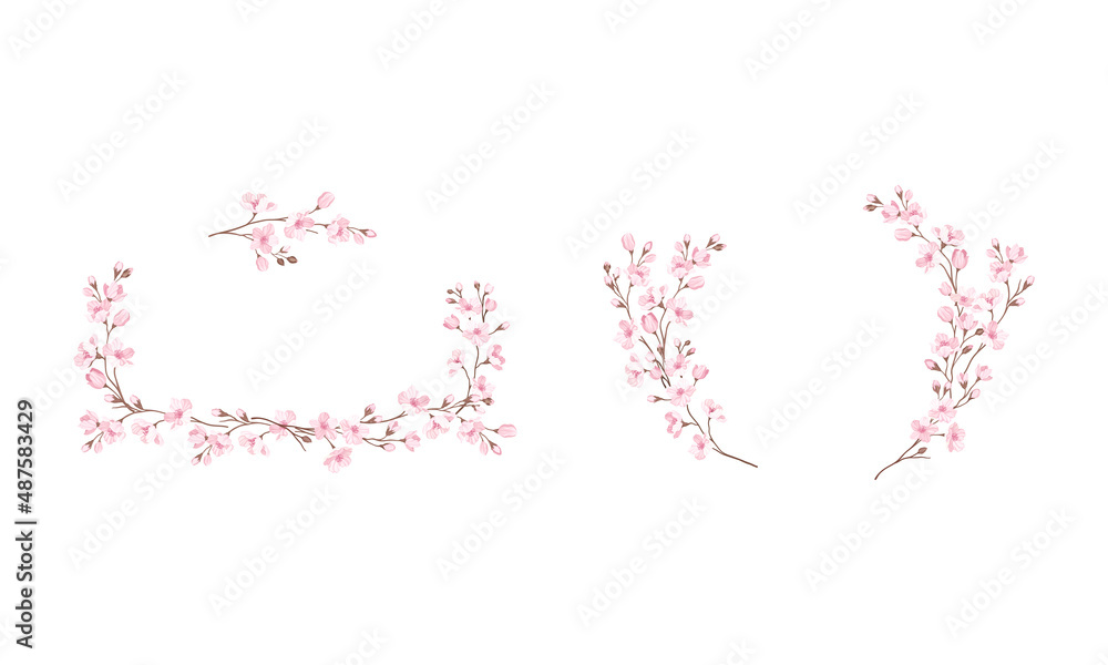 Twigs of Sakura or Cherry Blossom Arranged in Border Vector Illustration Set Twigs of Sakura or Cherry Blossom Arranged in Border Vector Illustration Set