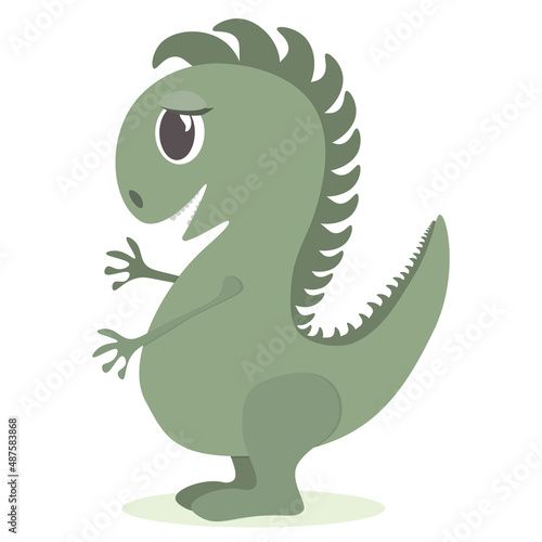 Cute cartoon dinosaur for kids design. Dragon for baby room design, kids clothes. Green dino with big eyes. White background.  Muted tones pastel colors. Vector illustration of fantasy reptile.