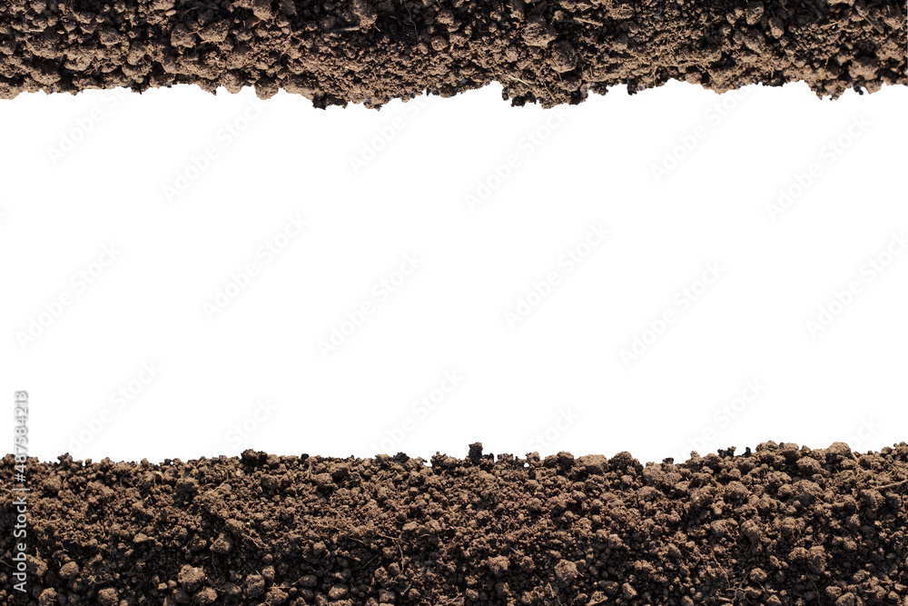 Fertile loam on a completely white background, Isolated soil. Stock