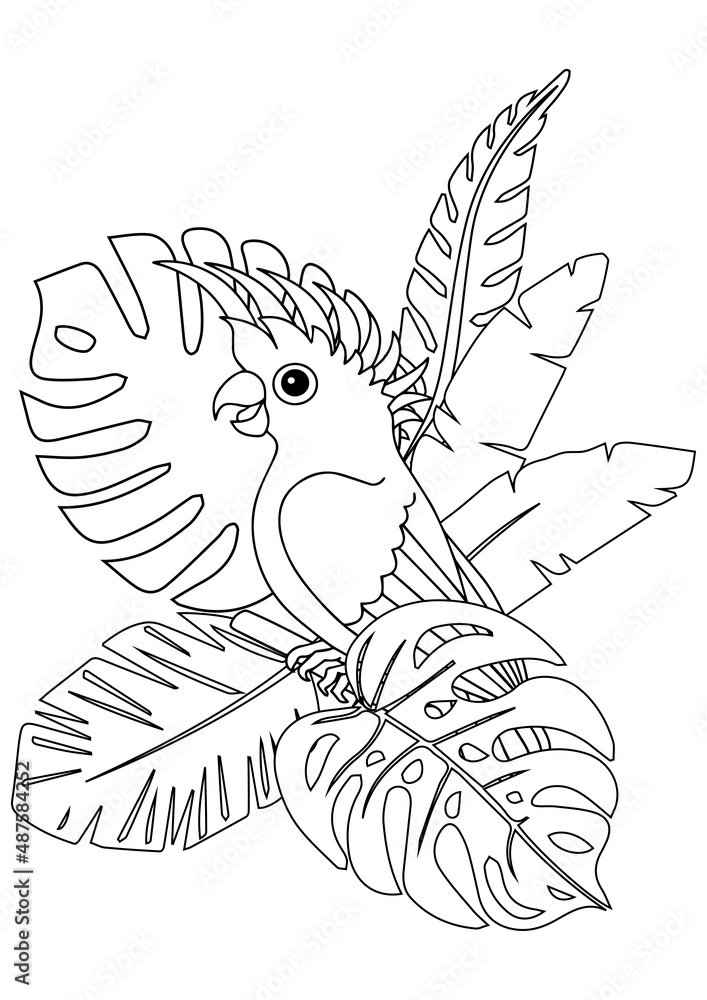 Fototapeta premium Vector illustration. Coloring page with parrot bird and exotic palm leaves. Coloring book page printable template a4 for children and adult