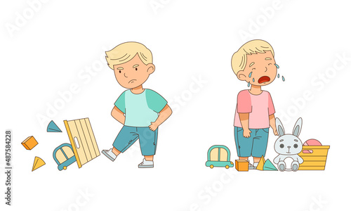 Grumpy Boy Among Toys Crying Out Loud and Kicking Box with Toys Vector Illustration Set