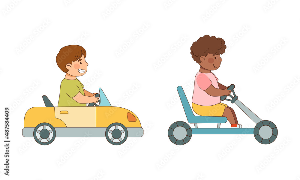 Little Boy Driving Electric Car Enjoying Outdoor Activity Vector Illustration Set Little Boy Driving Electric Car Enjoying Outdoor Activity Vector Illustration Set