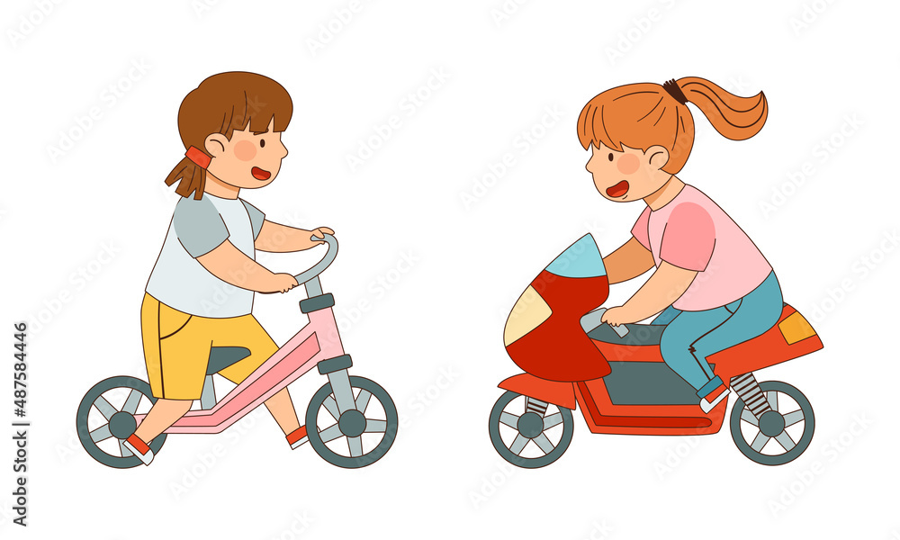 Little Girl Driving Bicycle and Motorcycle Enjoying Outdoor Activity Vector Illustration Set Little Girl Driving Bicycle and Motorcycle Enjoying Outdoor Activity Vector Illustration Set