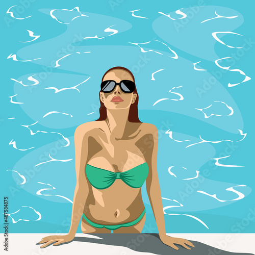 Girl in bikini in a summer pool, flat vector, illustration,  holidays and vacation concept.