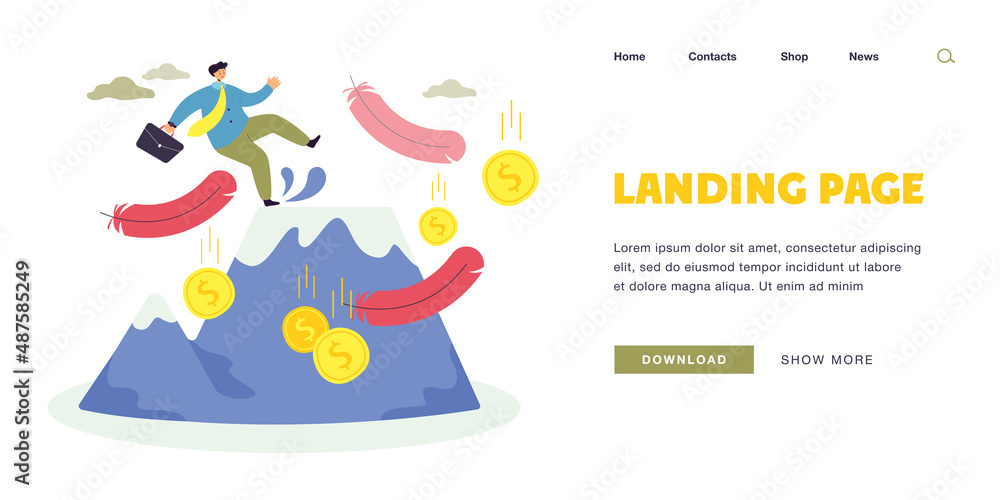 Fototapeta premium Businessman making mistake, falling down from top of mountain. Careless man losing money because of fail in business flat vector illustration. Bankruptcy warning, risk of financial accident concept