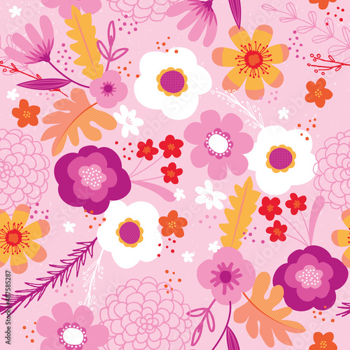 Sweet seamless floral pattern in bright, summery color scheme. A modern twist on a folksy floral print.