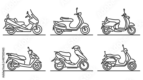Set of simple flat design vector images of scooters and mopeds drawn in art line style. photo