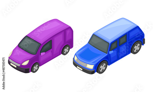 Van and Hatchback as Motor Vehicle and Urban Transport Isometric Vector Illustration Set