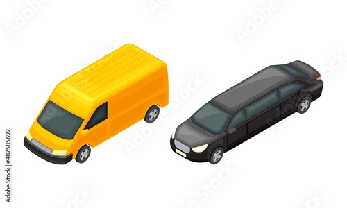 Van and Limousine as Motor Vehicle and Urban Transport Isometric Vector Illustration Set