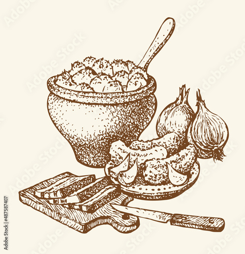 Vector still life. Traditional Slavic food: potatoes in a clay pot