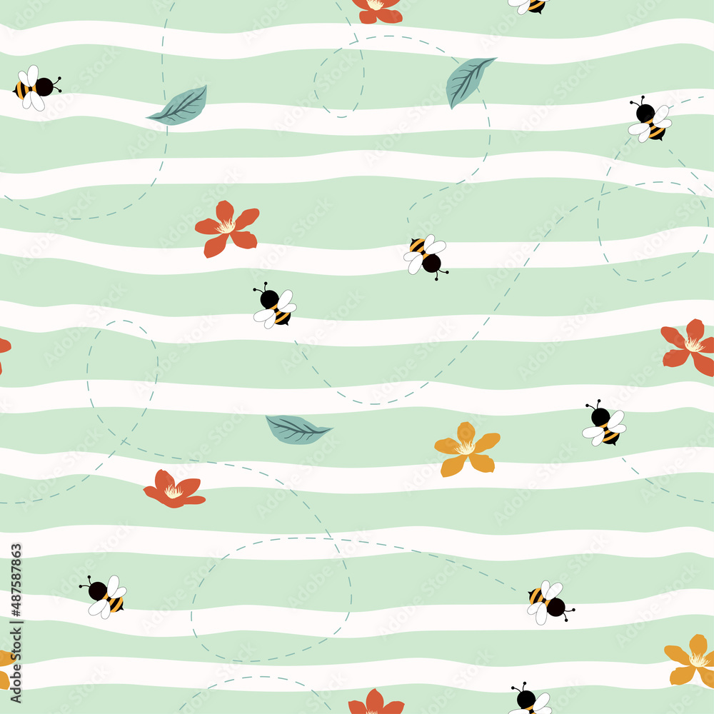 Nature seamless pattern with cute bees flying on beautiful blooming flowers garden Nature seamless pattern with cute bees flying on beautiful blooming flowers garden