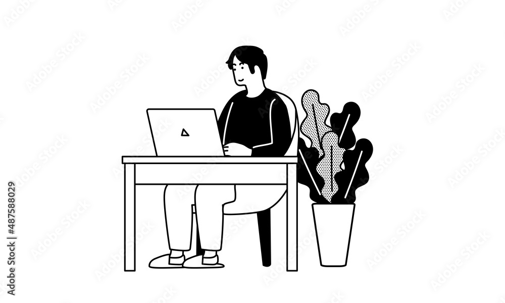 Fototapeta premium パソコンをする男性のシンプルなイラスト