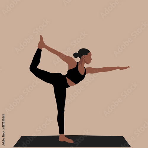 Yoga girl. African american woman doing yoga poses. Black woman natarajasana yoga pose. Healthy lifestyle. Fashion illustration by femininity, beauty and mental health. Pilates, fitness.  Vector.