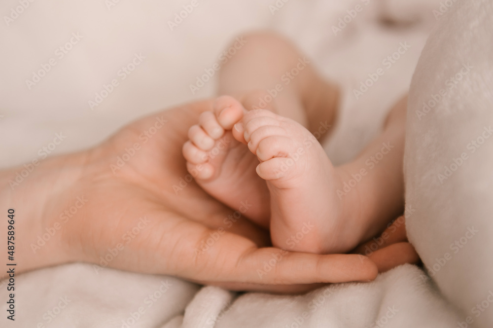 Small legs of a newborn girl in the hand of the pope on a light background