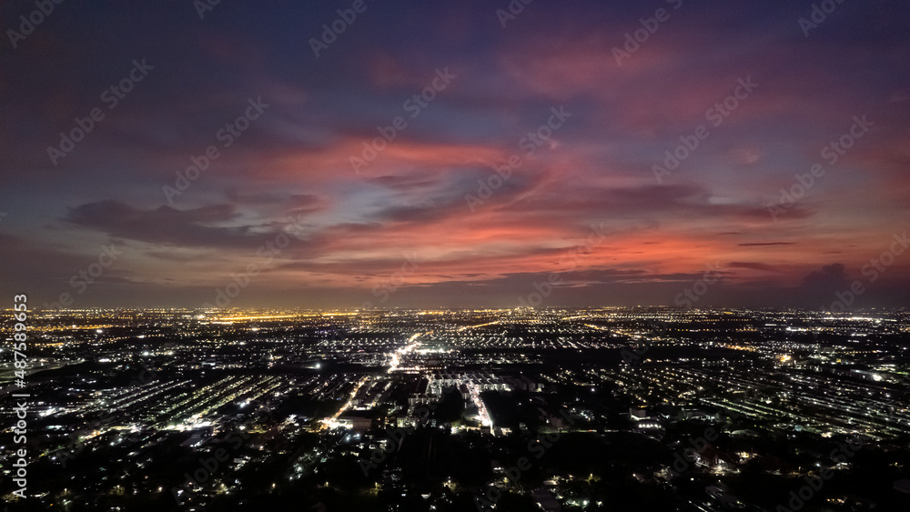 aerial view, night city view with night sky. natural winter night view in Thailand