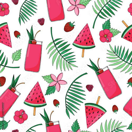 Seamless summer pattern with watermelon popsicle, fruit cocktail, strawberry, raspberry, palm branches and tropical flowers.