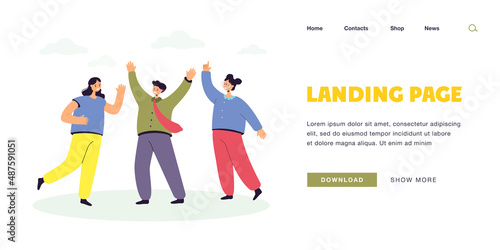 Business team celebrating success vector illustration. Happy office workers jumping, laughing. Victory, achievements, teamwork concept for website or landing web page