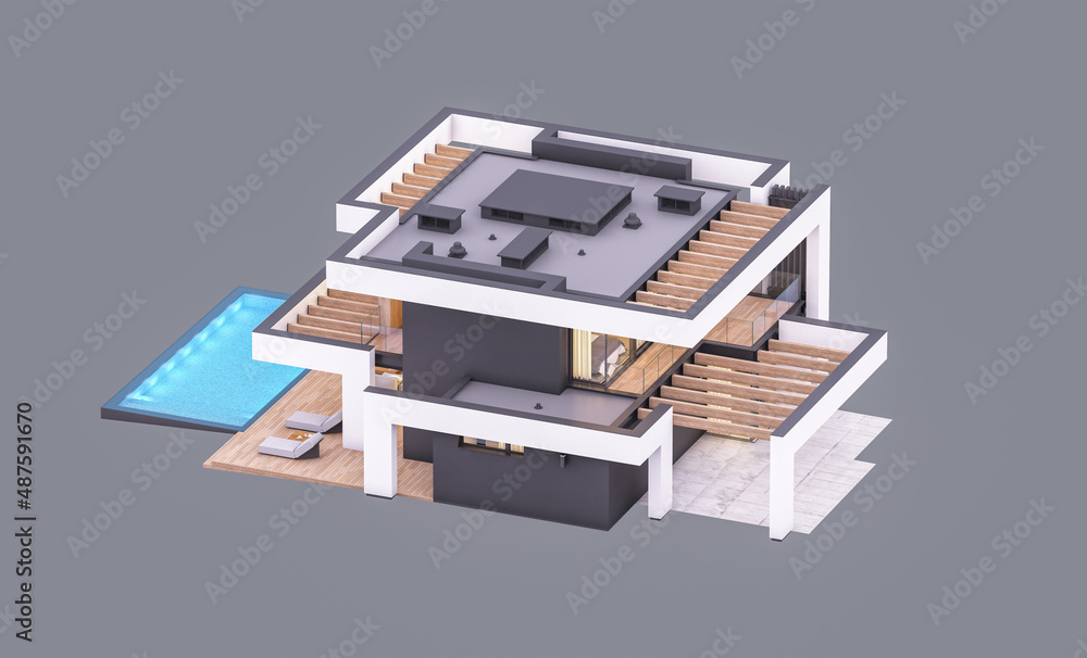 3d rendering of modern cozy house with pool and parking for sale or rent in luxurious style. In the evening. Isolated on gray 3d rendering of modern cozy house with pool and parking for sale or rent in luxurious style. In the evening. Isolated on gray