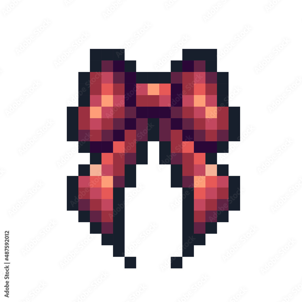 Ribbon pixel art icon. Present bow logo. 8-bit sprite. Decorative knot. Game development, mobile app.  Isolated vector illustration