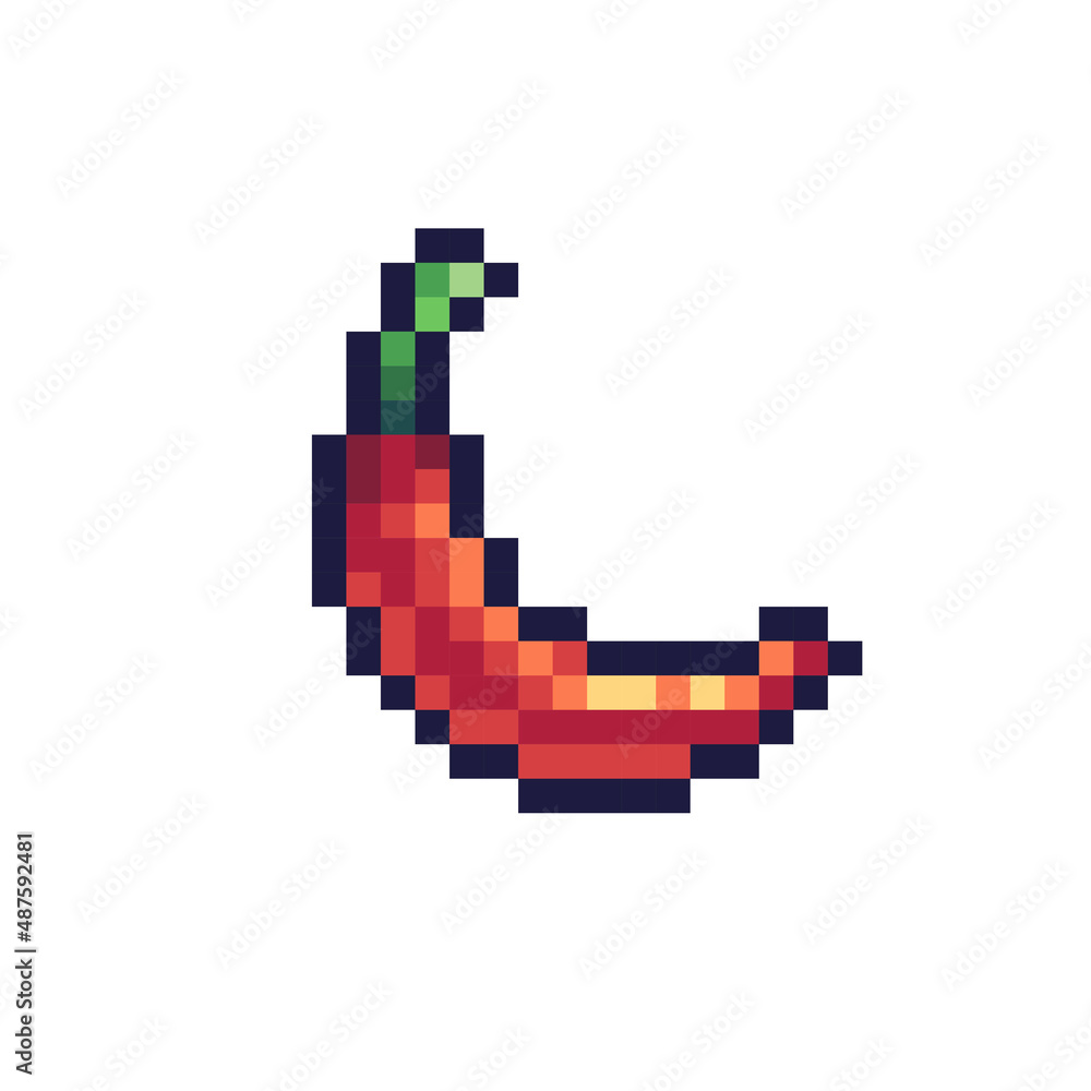 Chilli pepper pixel art icon. Spicy red jalapeno logo. 8-bit sprite. Game development, mobile app.  Isolated vector illustration