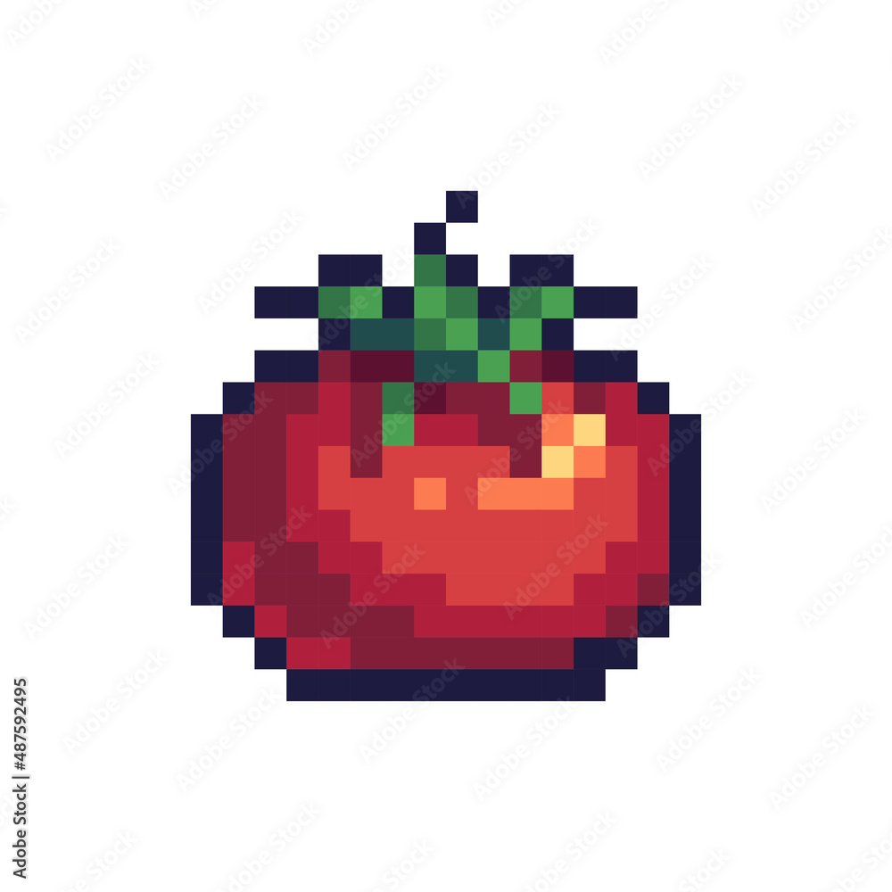 Tomato pixel art icon. Ketchup ingredient logo. 8-bit sprite. Game development, mobile app. Isolated vector illustration Tomato pixel art icon. Ketchup ingredient logo. 8-bit sprite. Game development, mobile app. Isolated vector illustration