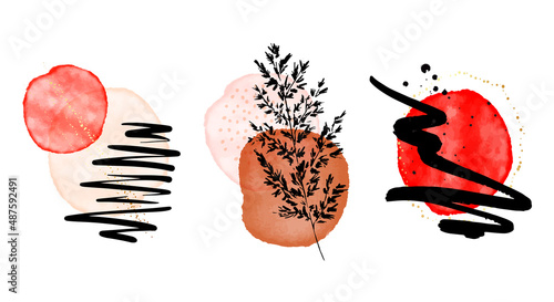 Minimalist abstract art geometric design element social media icons , dry plants line contour art