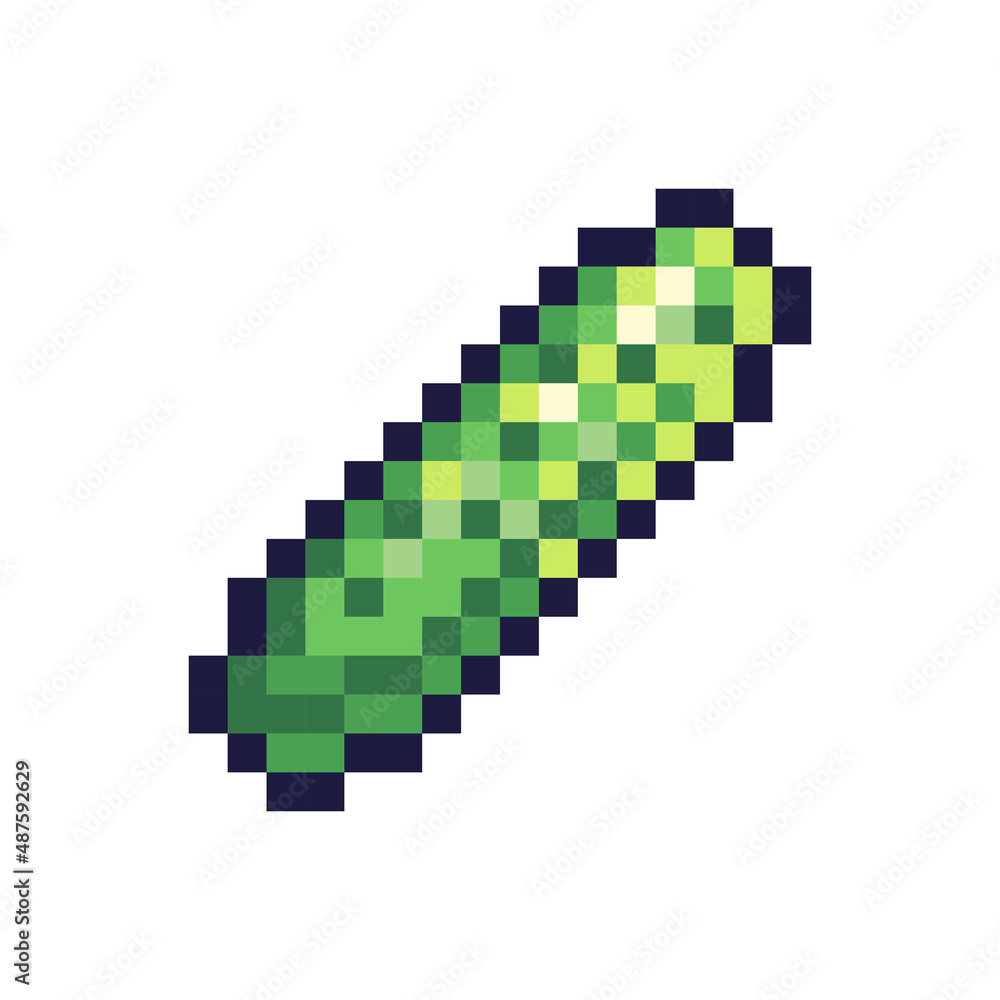 Obraz premium Cucumber art icon. Green vegetable logo. 8-bit sprite. Game development, mobile app. Isolated vector illustration