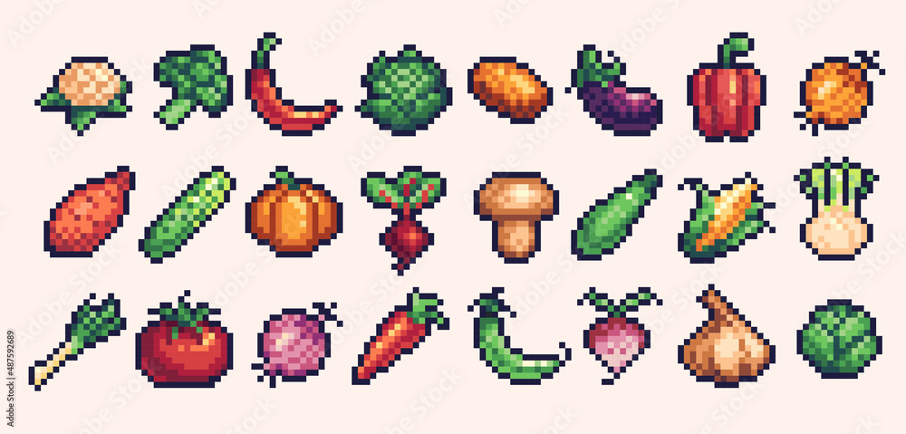 Different vegetables pixel art icon set. Fresh veggies logo collection. 8-bit sprite. Game development, mobile app. Isolated vector illustration. Different vegetables pixel art icon set. Fresh veggies logo collection. 8-bit sprite. Game development, mobile app. Isolated vector illustration.