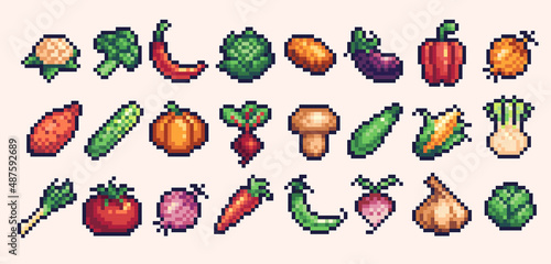 Different vegetables pixel art icon set. Fresh veggies logo collection. 8-bit sprite. Game development, mobile app.  Isolated vector illustration.