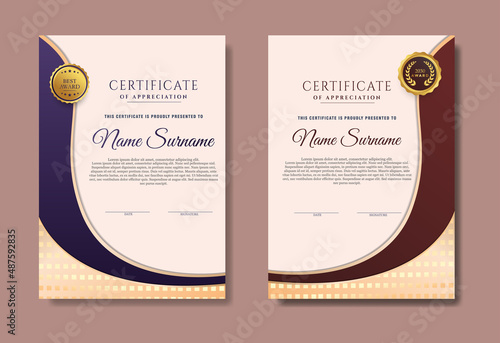 blue and brown gradient certificate template set of 2, simple design diploma or gift certificate