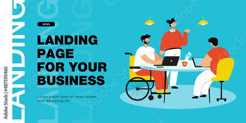 Person in wheelchair talking to colleagues at workplace. Group of office workers sitting at table, man with disability flat vector illustration. Accessibility, inclusion concept for banner