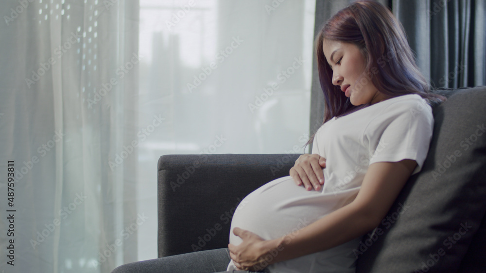 Beautiful Asian pregnant woman stroking belly while sitting on a sofa in the living room at home. Beautiful Asian pregnant woman stroking belly while sitting on a sofa in the living room at home.