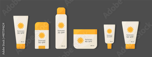 Sunscreen sun protection cosmetic bottles set. SPF sunblock spray, lotion, cream tubes bottles isolated on dark background. Summer skincare healthy sunbathing. Flat style cartoon vector illustration.