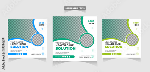 Health care Full Set of Creative Modern social media post template. Abstract blue wave shape frame with place for the photo. Usable for social media banner ads, website, flyers, and banners