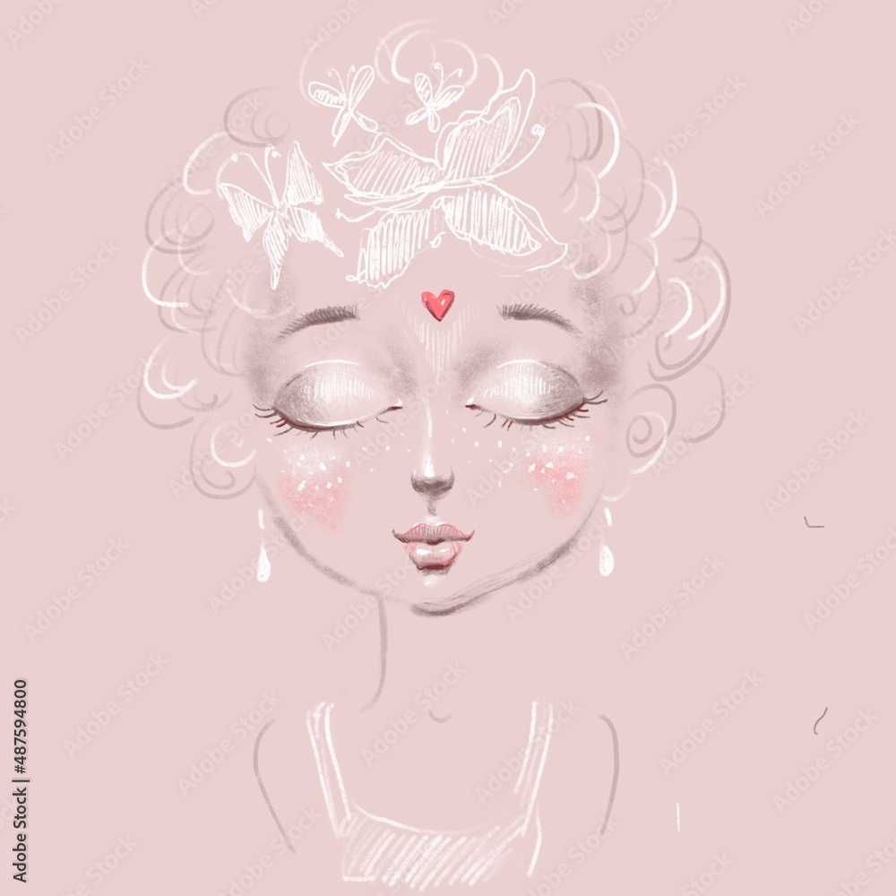 Cute girl in butterfly wreath. spring Beautiful girl with heart and earrings pencil illustration.