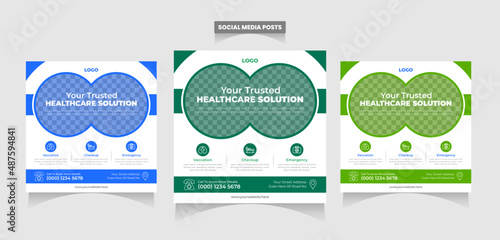 Full Set of Creative Modern social media post template. Abstract blue wave shape frame with place for the photo. Usable for social media banner ads, website, flyers, and banners