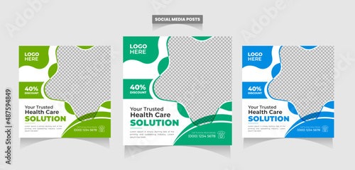 Full Set of Creative Modern social media post template. Abstract blue wave shape frame with place for the photo. Usable for social media banner ads, website, flyers, and banners